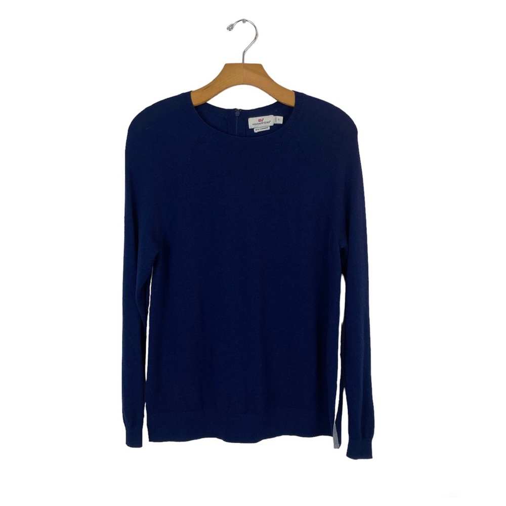 Vineyard Vines Solid Zip Back Crewneck Sweater with Cashmere Navy Blue Small